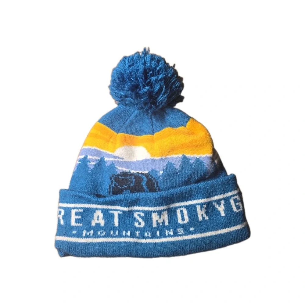 Great Smoky Mountains National Park Knit Beanie Hat Blue Pom Bear Cuffed